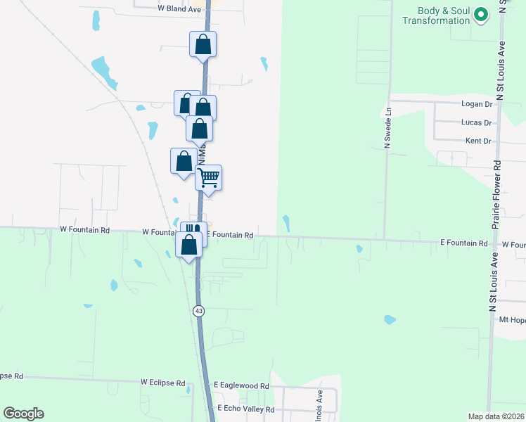 map of restaurants, bars, coffee shops, grocery stores, and more near 390 East Fountain Road in Joplin