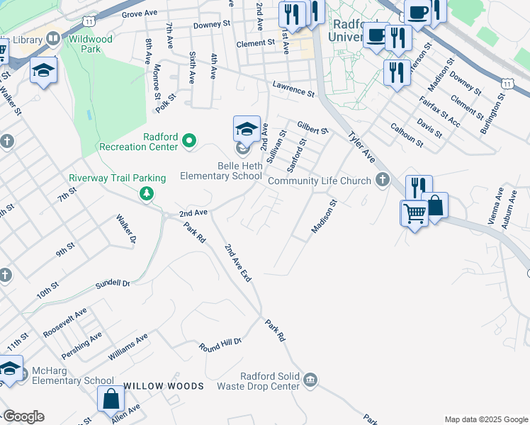 map of restaurants, bars, coffee shops, grocery stores, and more near 406 Sanford Street in Radford