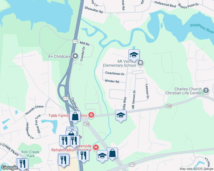 map of restaurants, bars, coffee shops, grocery stores, and more near 103 Idlewood Circle in Yorktown