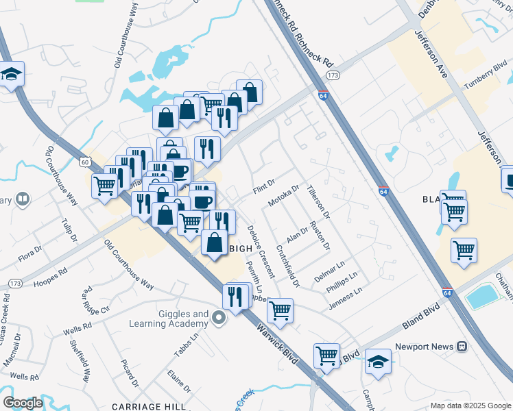 map of restaurants, bars, coffee shops, grocery stores, and more near 65 Motoka Drive in Newport News
