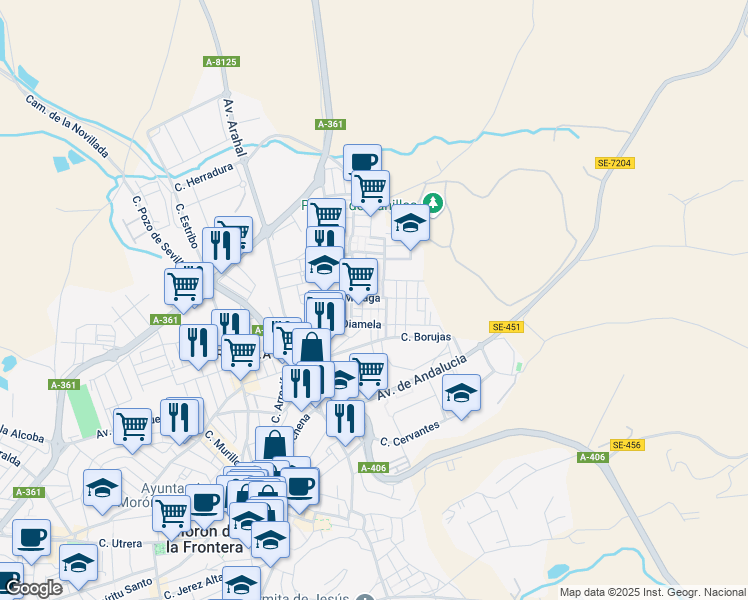 map of restaurants, bars, coffee shops, grocery stores, and more near 66 Calle Málaga in Morón de la Frontera