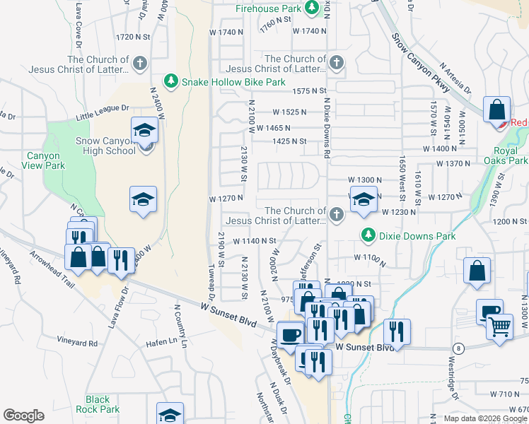 map of restaurants, bars, coffee shops, grocery stores, and more near 2094 West 1200 North in St. George