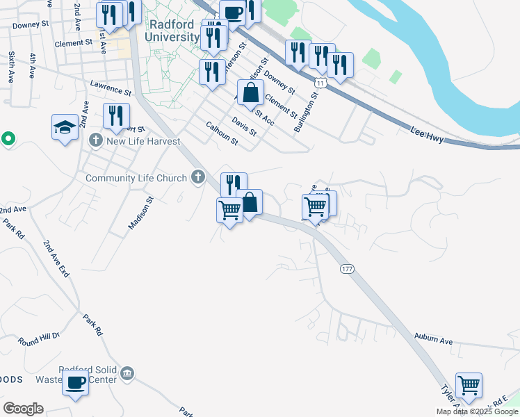 map of restaurants, bars, coffee shops, grocery stores, and more near 1207 Tyler Avenue in Radford