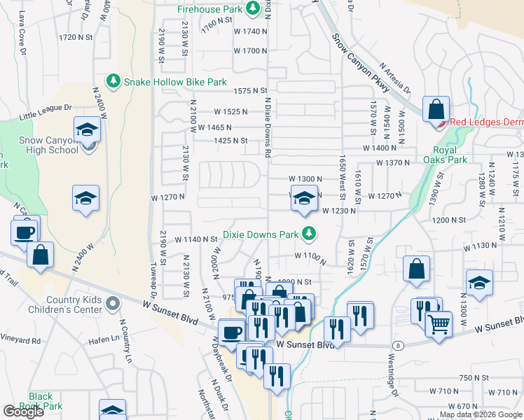 map of restaurants, bars, coffee shops, grocery stores, and more near 1225 North Dixie Downs Road in Saint George