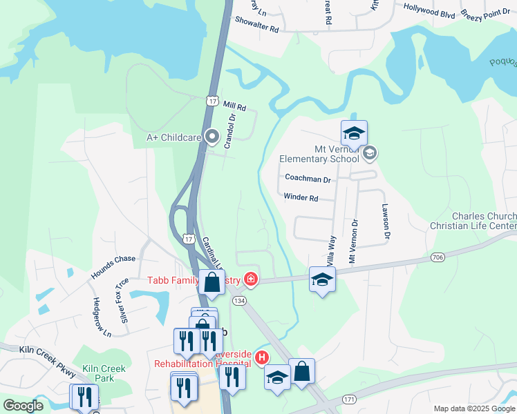 map of restaurants, bars, coffee shops, grocery stores, and more near 118 Myers Court in Yorktown