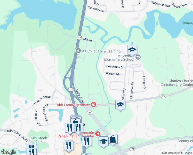 map of restaurants, bars, coffee shops, grocery stores, and more near 118 Myers Court in Yorktown