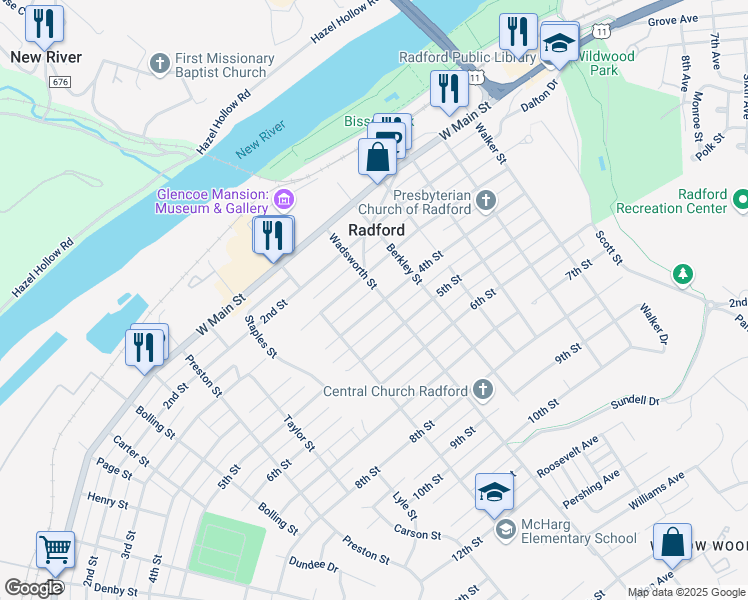 map of restaurants, bars, coffee shops, grocery stores, and more near 306 Wadsworth Street in Radford