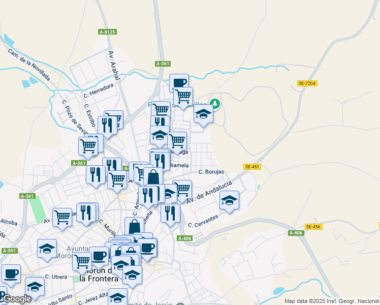 map of restaurants, bars, coffee shops, grocery stores, and more near 66 Calle Málaga in Morón de la Frontera