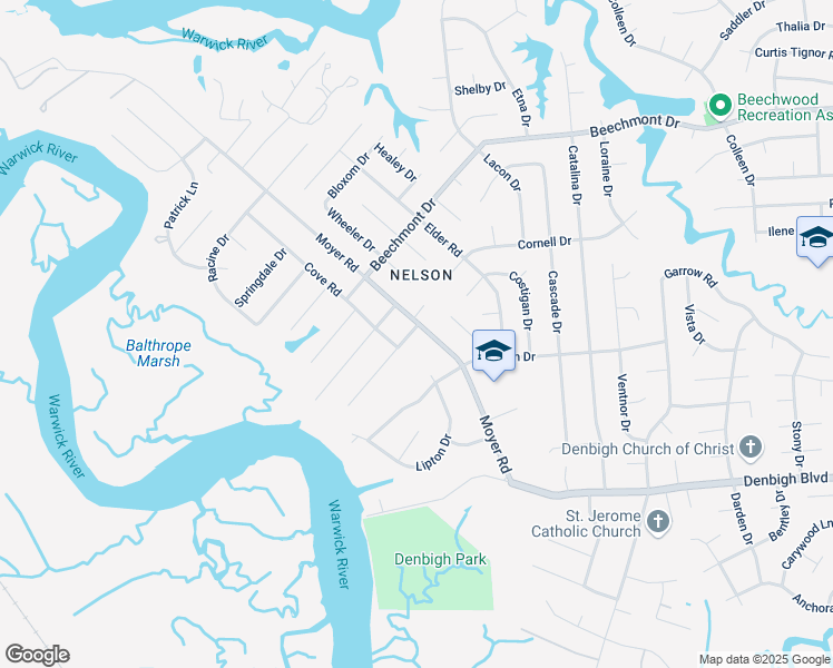 map of restaurants, bars, coffee shops, grocery stores, and more near 98 Waterview Drive in Newport News