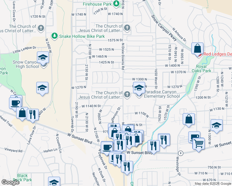 map of restaurants, bars, coffee shops, grocery stores, and more near 1225 North Dixie Downs Road in St. George
