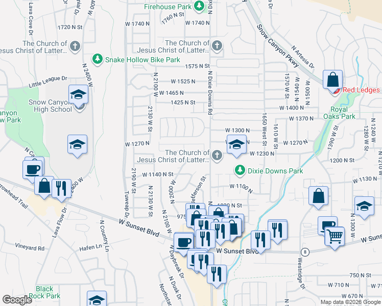map of restaurants, bars, coffee shops, grocery stores, and more near 1942 West 1200 North in St. George
