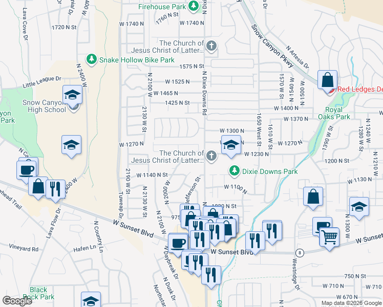 map of restaurants, bars, coffee shops, grocery stores, and more near 1942 West 1200 North in St. George