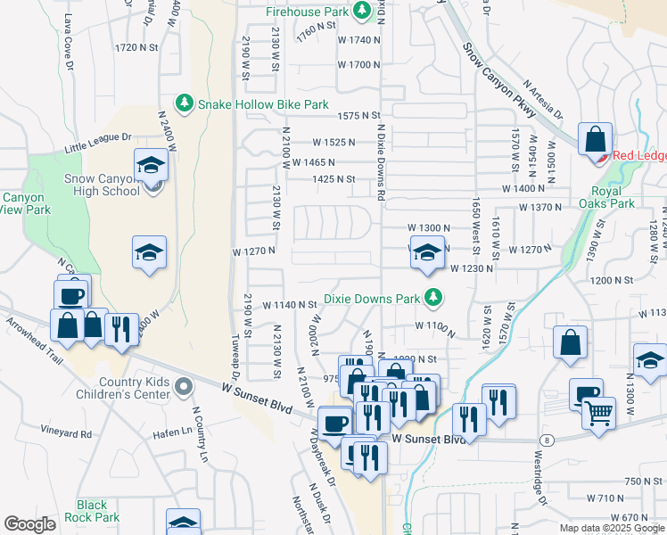 map of restaurants, bars, coffee shops, grocery stores, and more near 1225 North Dixie Downs Road in St. George