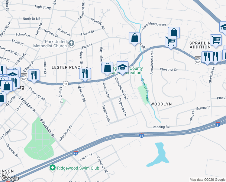 map of restaurants, bars, coffee shops, grocery stores, and more near 635 Charles Street in Christiansburg