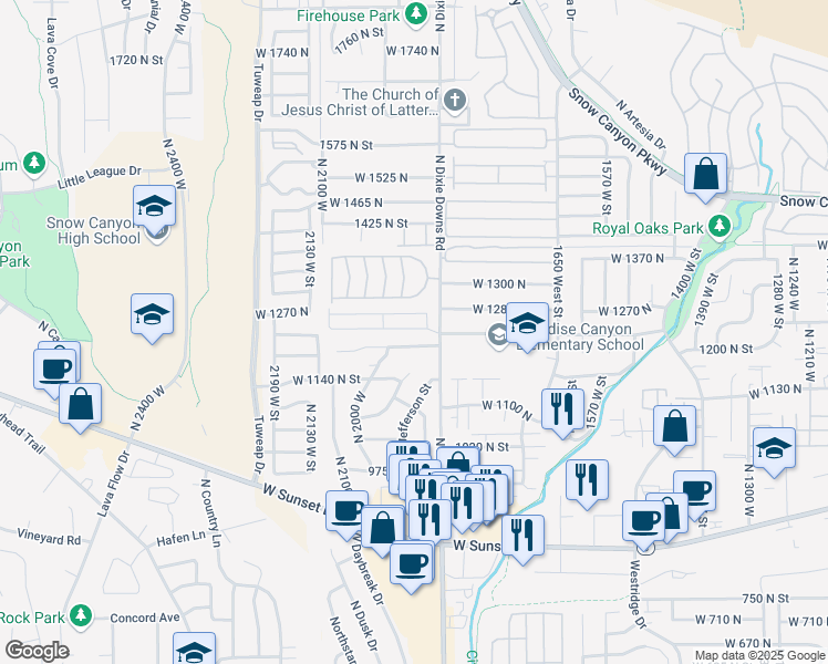 map of restaurants, bars, coffee shops, grocery stores, and more near 1225 North Dixie Downs Road in St. George