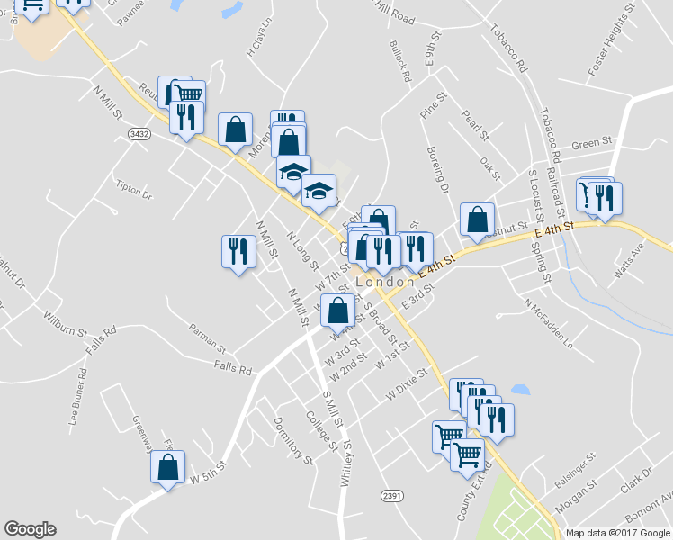 map of restaurants, bars, coffee shops, grocery stores, and more near 305 North Broad Street in London