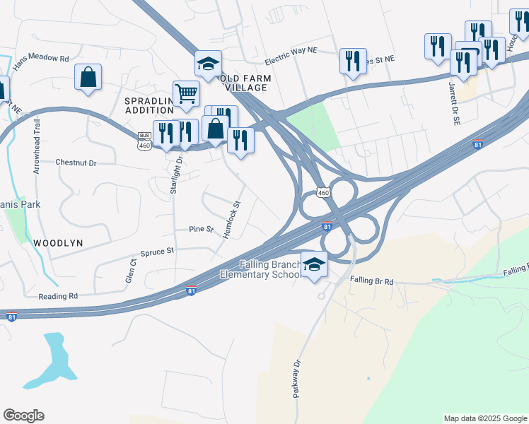 map of restaurants, bars, coffee shops, grocery stores, and more near 535 Falling Branch Road in Christiansburg