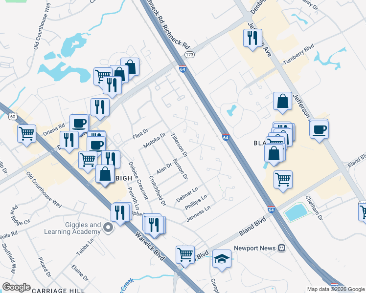 map of restaurants, bars, coffee shops, grocery stores, and more near 48 Tillerson Drive in Newport News