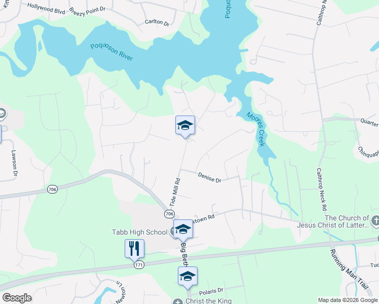 map of restaurants, bars, coffee shops, grocery stores, and more near 400 Tide Mill Road in Yorktown