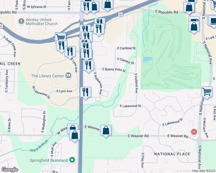 map of restaurants, bars, coffee shops, grocery stores, and more near 308 East Lafayette Street in Springfield