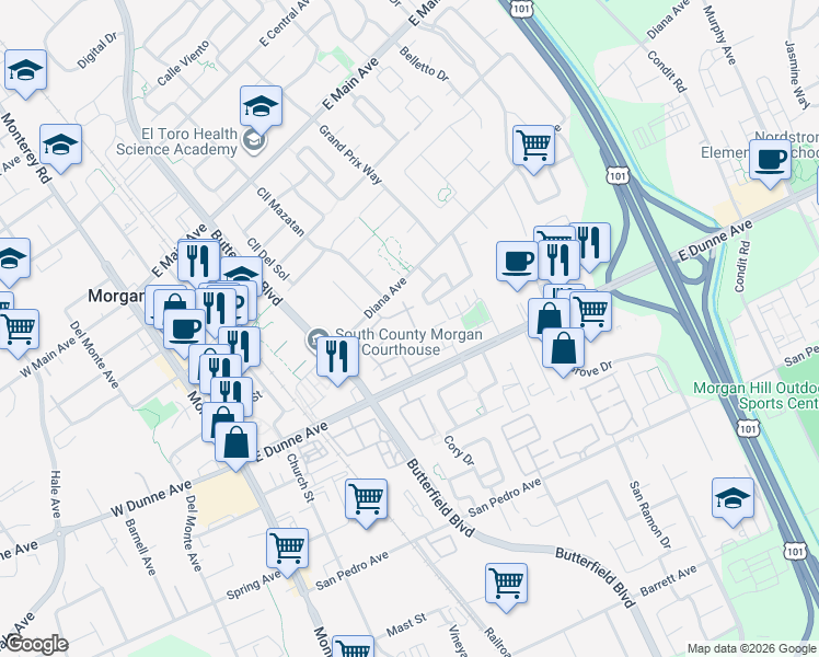 map of restaurants, bars, coffee shops, grocery stores, and more near 571 Creekside Lane in Morgan Hill