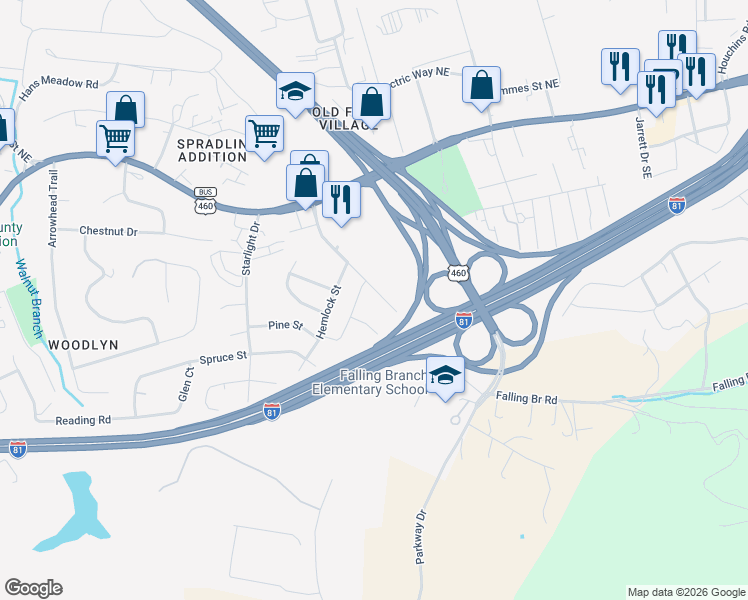 map of restaurants, bars, coffee shops, grocery stores, and more near 535 Falling Branch Road in Christiansburg