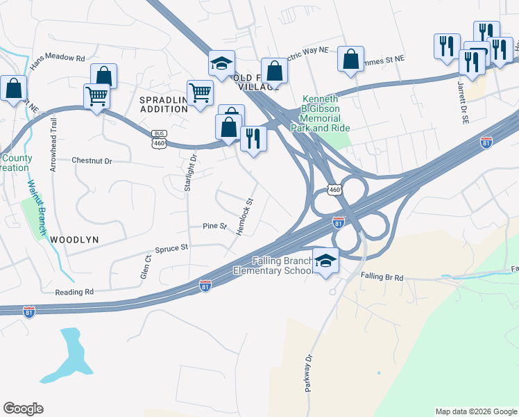 map of restaurants, bars, coffee shops, grocery stores, and more near 180 Huff Heritage Lane in Christiansburg