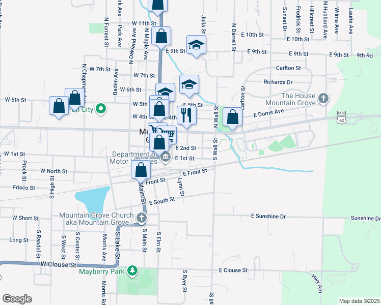 map of restaurants, bars, coffee shops, grocery stores, and more near 110-298 North Talcott Avenue in Mountain Grove