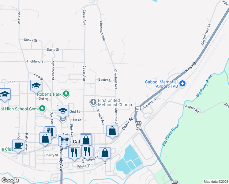 map of restaurants, bars, coffee shops, grocery stores, and more near 1019 Chestnut Avenue in Cabool
