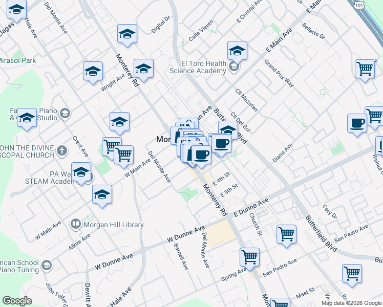 map of restaurants, bars, coffee shops, grocery stores, and more near 17490 Monterey Road in Morgan Hill