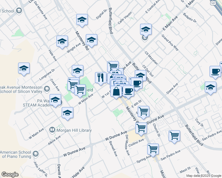 map of restaurants, bars, coffee shops, grocery stores, and more near 15 West 1st Street in Morgan Hill