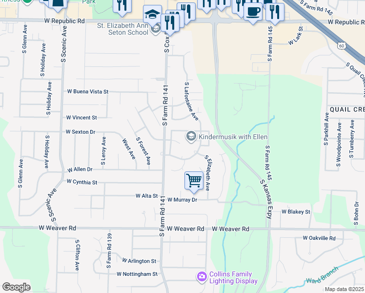 map of restaurants, bars, coffee shops, grocery stores, and more near 2108 West Warren Court in Springfield
