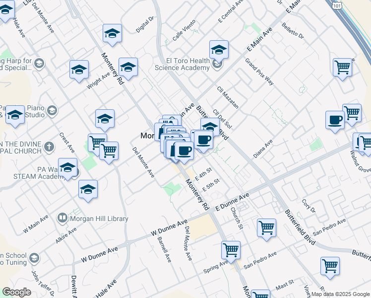 map of restaurants, bars, coffee shops, grocery stores, and more near 17450 Monterey Road in Morgan Hill