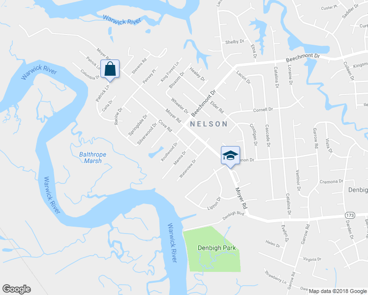 map of restaurants, bars, coffee shops, grocery stores, and more near 29 Marina Drive in Newport News