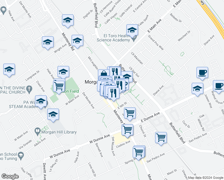 map of restaurants, bars, coffee shops, grocery stores, and more near 65 East 2nd Street in Morgan Hill