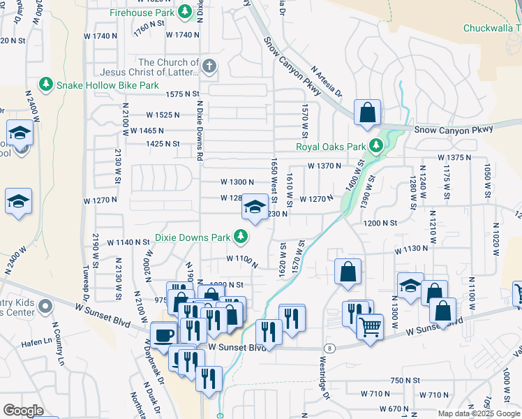 map of restaurants, bars, coffee shops, grocery stores, and more near 1688 West 1230 North in St. George