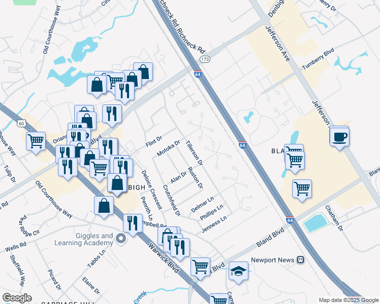 map of restaurants, bars, coffee shops, grocery stores, and more near 51 Tillerson Drive in Newport News