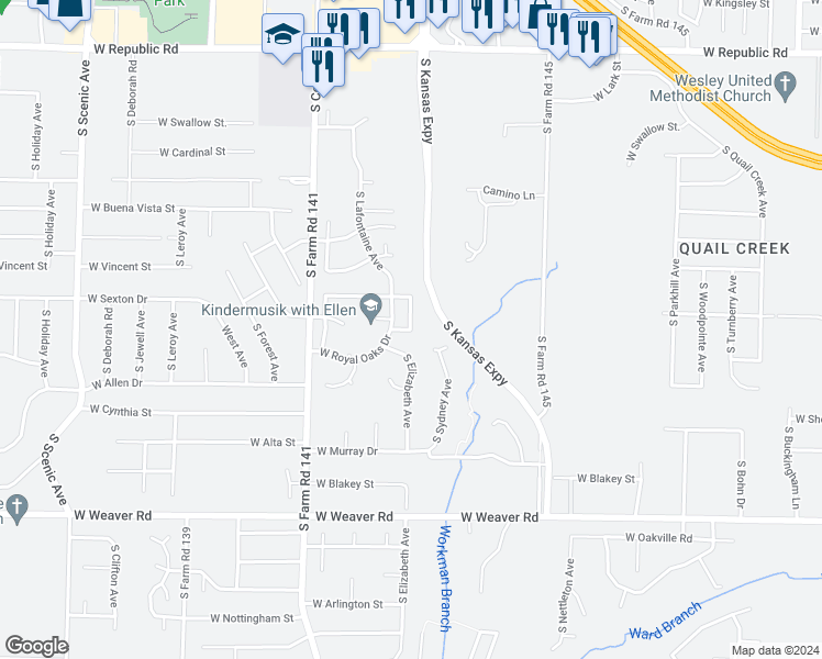 map of restaurants, bars, coffee shops, grocery stores, and more near 4698 South Elizabeth Drive in Springfield