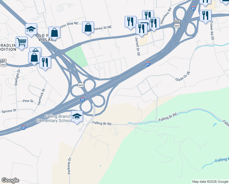 map of restaurants, bars, coffee shops, grocery stores, and more near Interstate 81 in Christiansburg