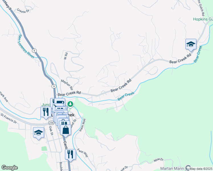 map of restaurants, bars, coffee shops, grocery stores, and more near 111 View Drive in Boulder Creek
