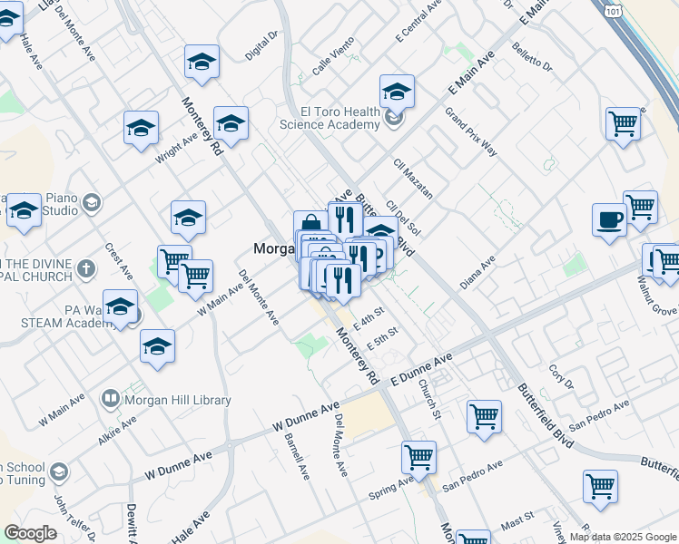 map of restaurants, bars, coffee shops, grocery stores, and more near 17305 Depot Street in Morgan Hill