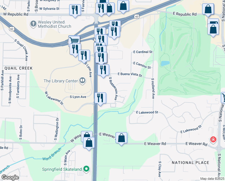 map of restaurants, bars, coffee shops, grocery stores, and more near 4685 South Robberson Avenue in Springfield