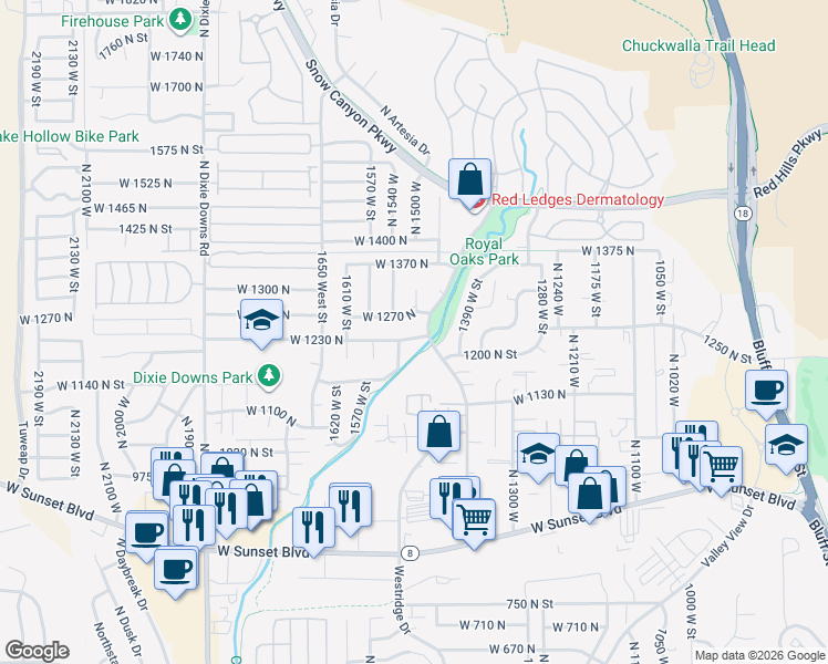 map of restaurants, bars, coffee shops, grocery stores, and more near 1452 West 1230 North in St. George