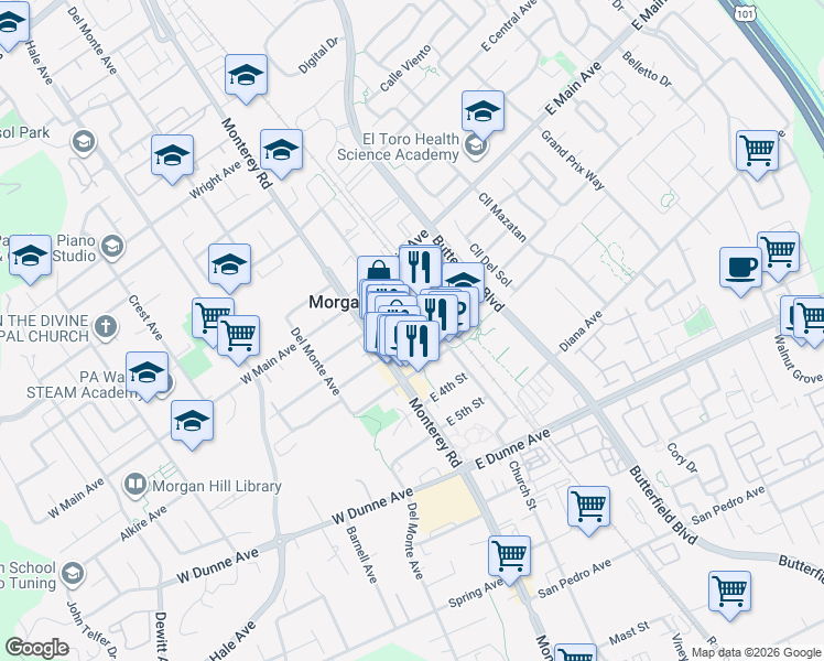 map of restaurants, bars, coffee shops, grocery stores, and more near 17305 Depot Street in Morgan Hill
