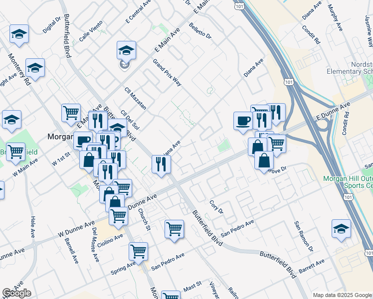 map of restaurants, bars, coffee shops, grocery stores, and more near 571 Creekside Lane in Morgan Hill