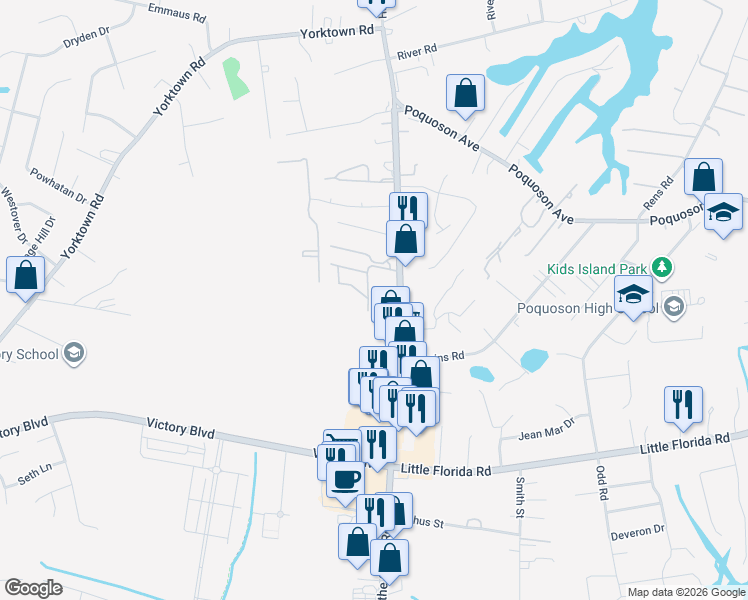 map of restaurants, bars, coffee shops, grocery stores, and more near 529 Wythe Creek Road in Poquoson