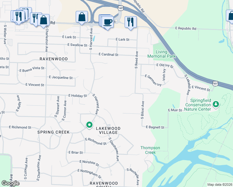 map of restaurants, bars, coffee shops, grocery stores, and more near 4607 South Luster Avenue in Springfield