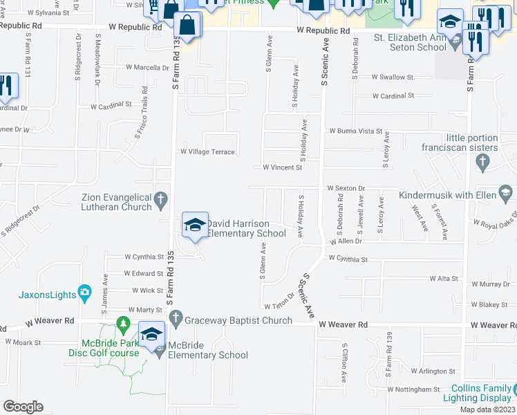 map of restaurants, bars, coffee shops, grocery stores, and more near 4705 South Glenn Avenue in Springfield
