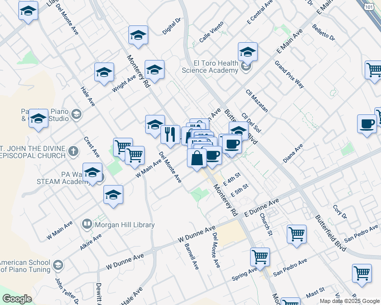 map of restaurants, bars, coffee shops, grocery stores, and more near 15 West 1st Street in Morgan Hill