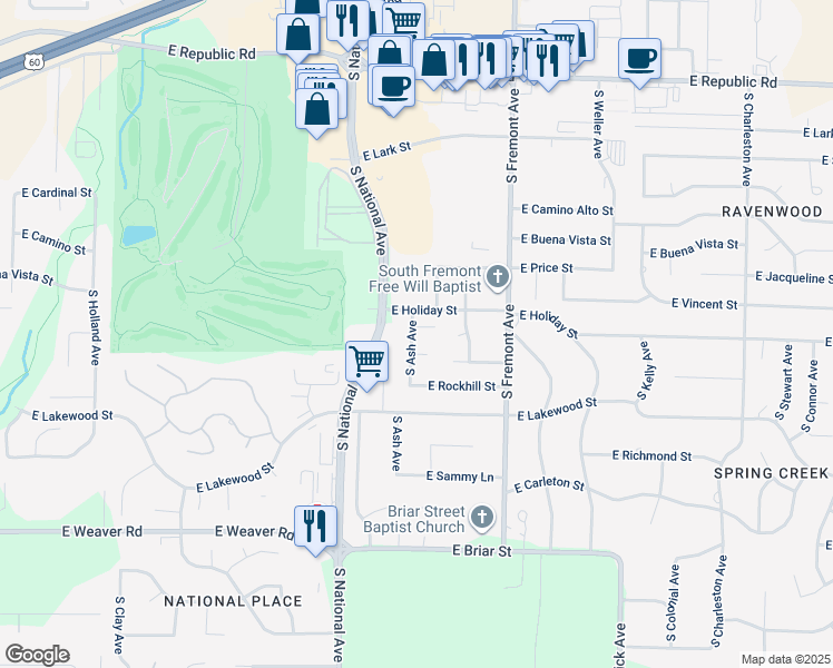 map of restaurants, bars, coffee shops, grocery stores, and more near 4628 South Ash Avenue in Springfield